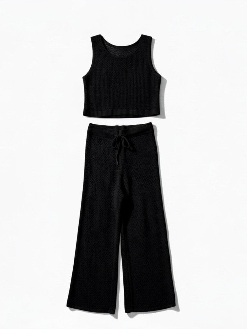 Black Knit Swim Coverup Tank & Wide-Leg Pants Set